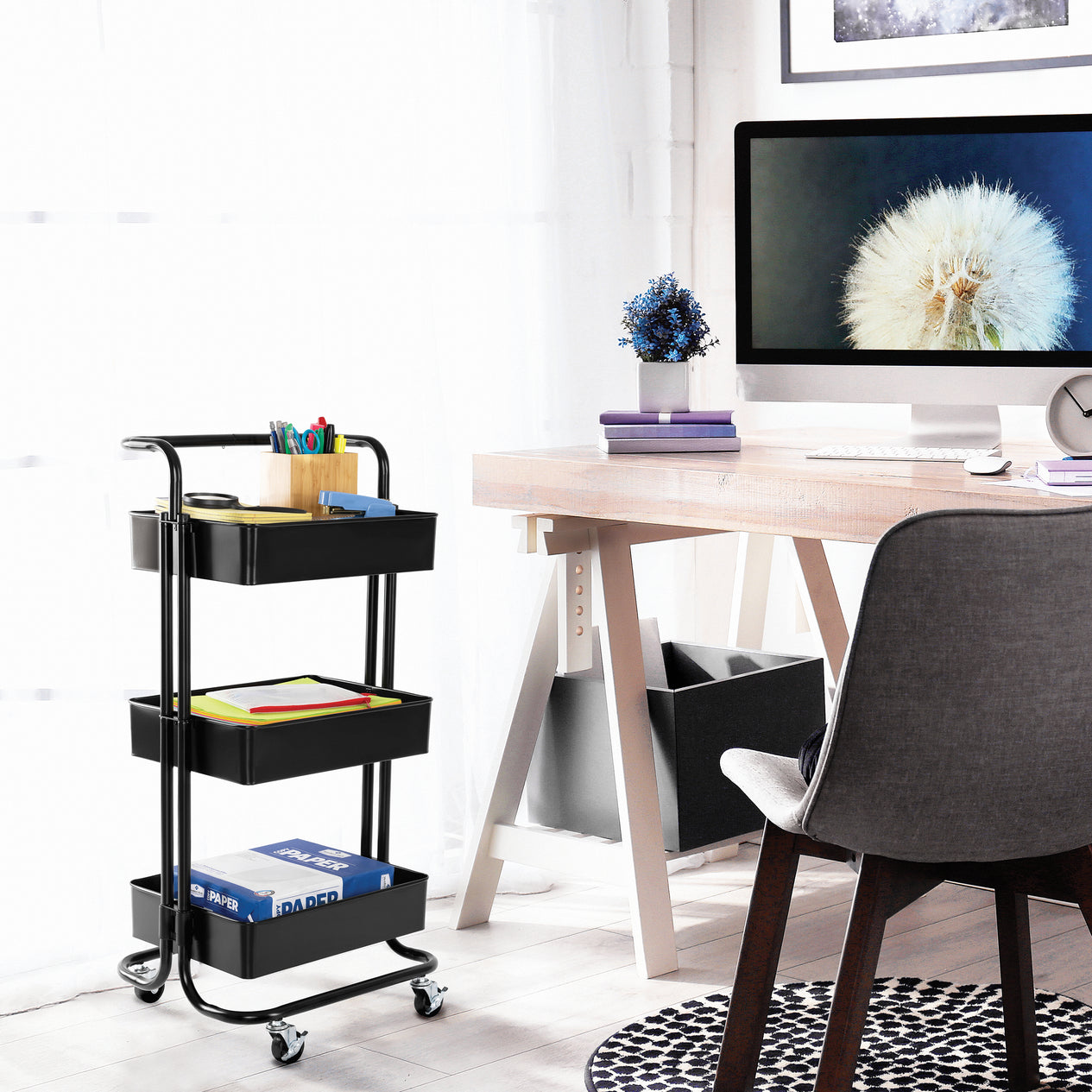 Black cart next to desk