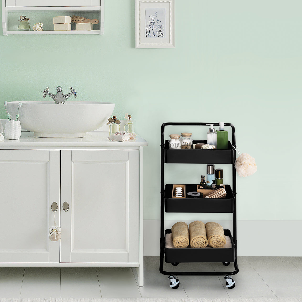 Black cart in bathroom
