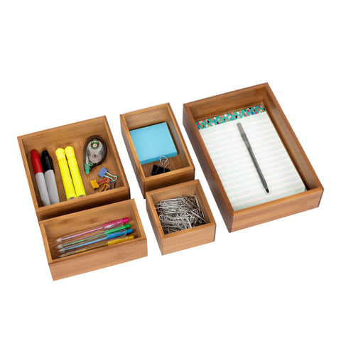 Bamboo Storage Set propped with office supplies