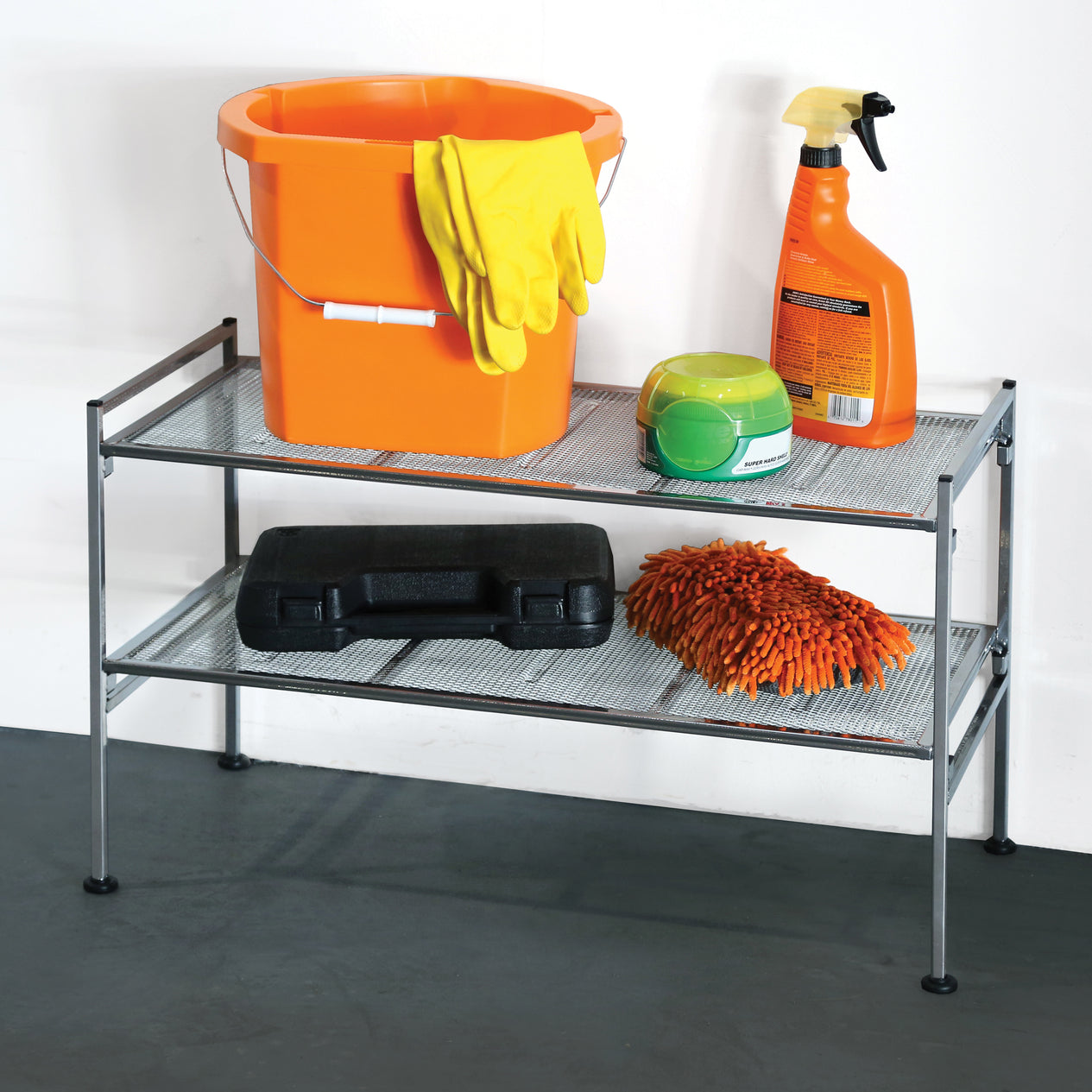 Rack propped with cleaning supplies