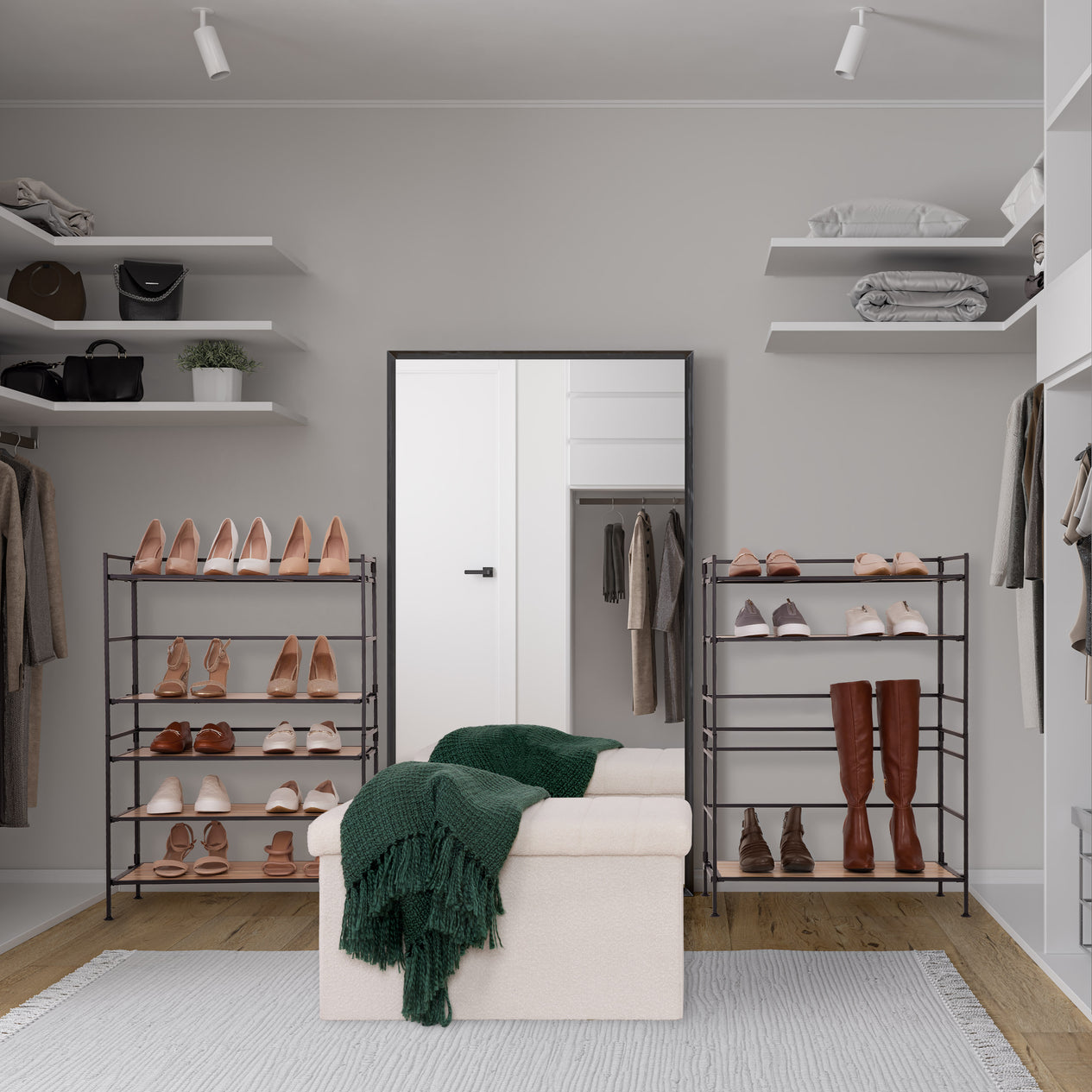 White oak shoe rack in closet