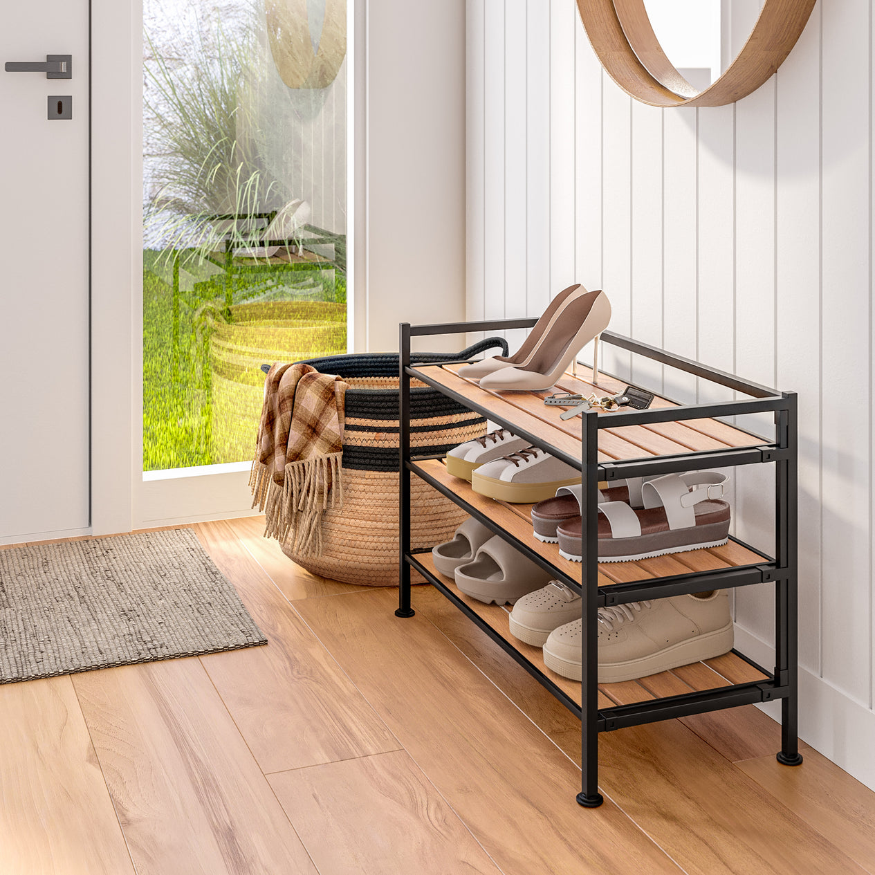 HOME 3-Tier Resin Slatted Shoe Rack, White Oak