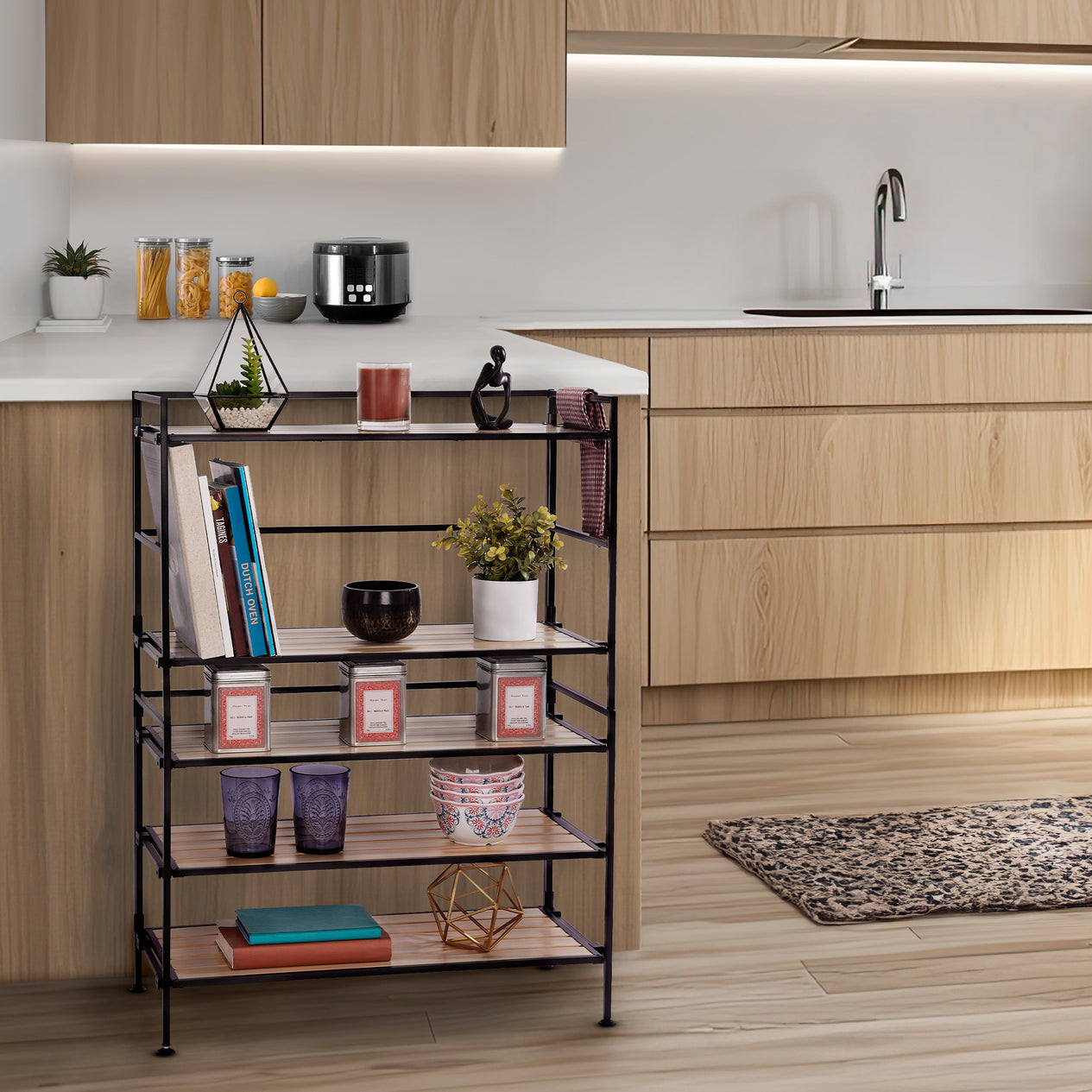 Stacked white oak rack in kitchen