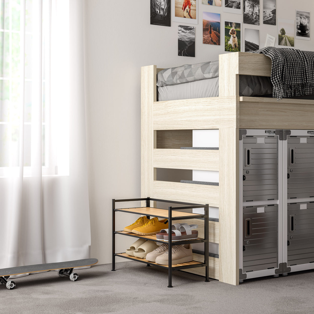 HOME 3-Tier Resin Slatted Shoe Rack, White Oak