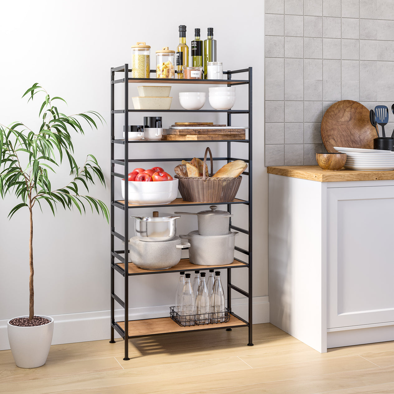 HOME 3-Tier Resin Slatted Shoe Rack, White Oak