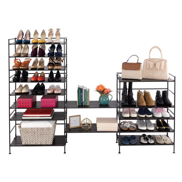 Multiple propped espresso shoe racks stacked and interlocked