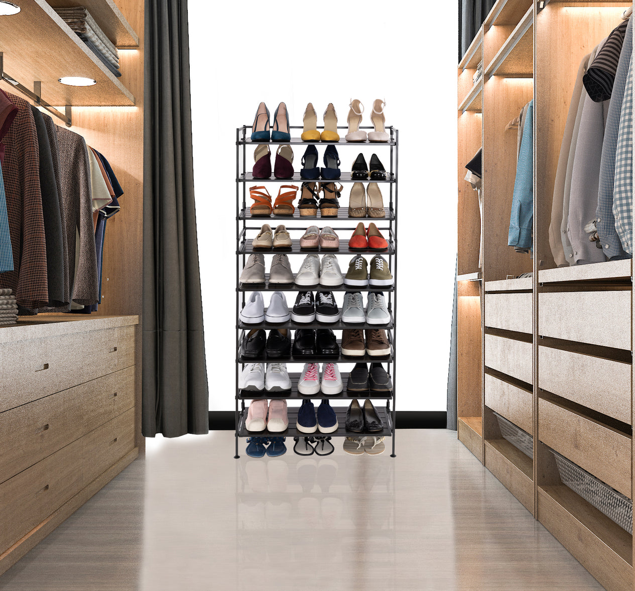 Espresso shoe rack in walk in closet