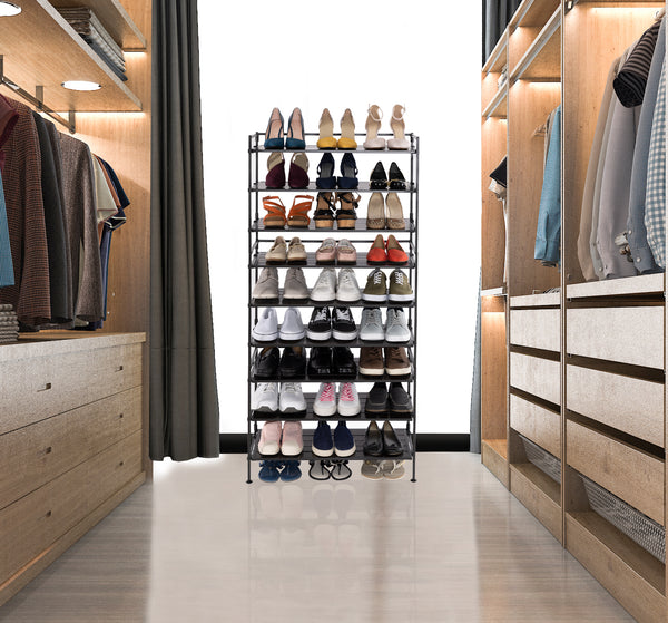 3 stacked shoe racks propped in closet