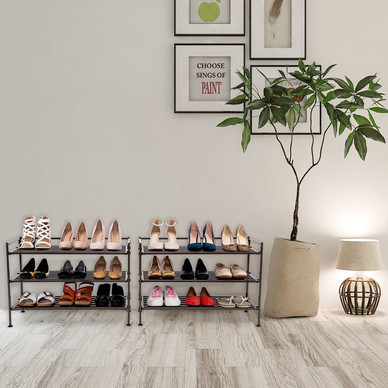2 espresso shoe racks side by side in entryway