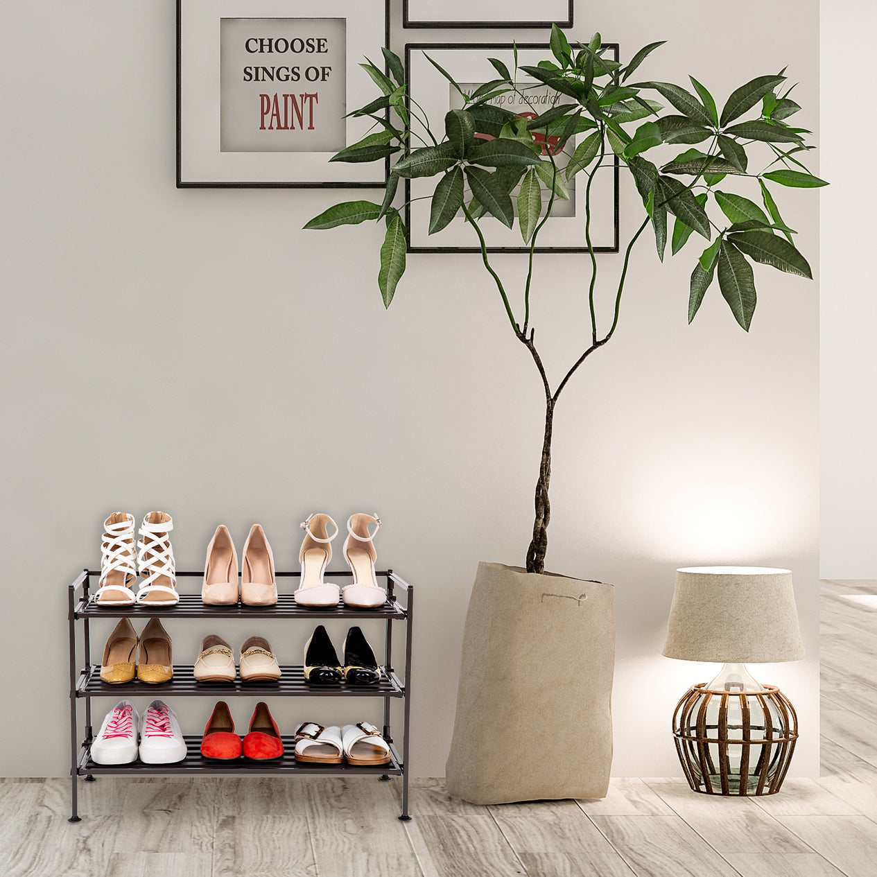 Espresso shoe rack in entryway