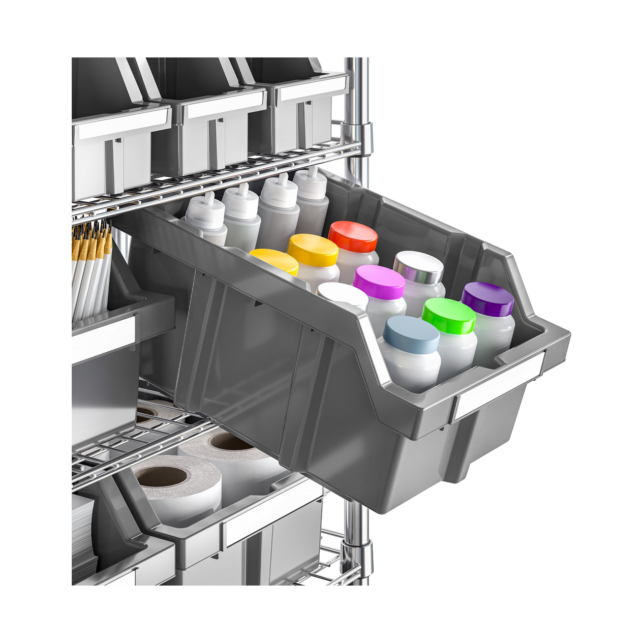 Gray bins propped with arts and crafts