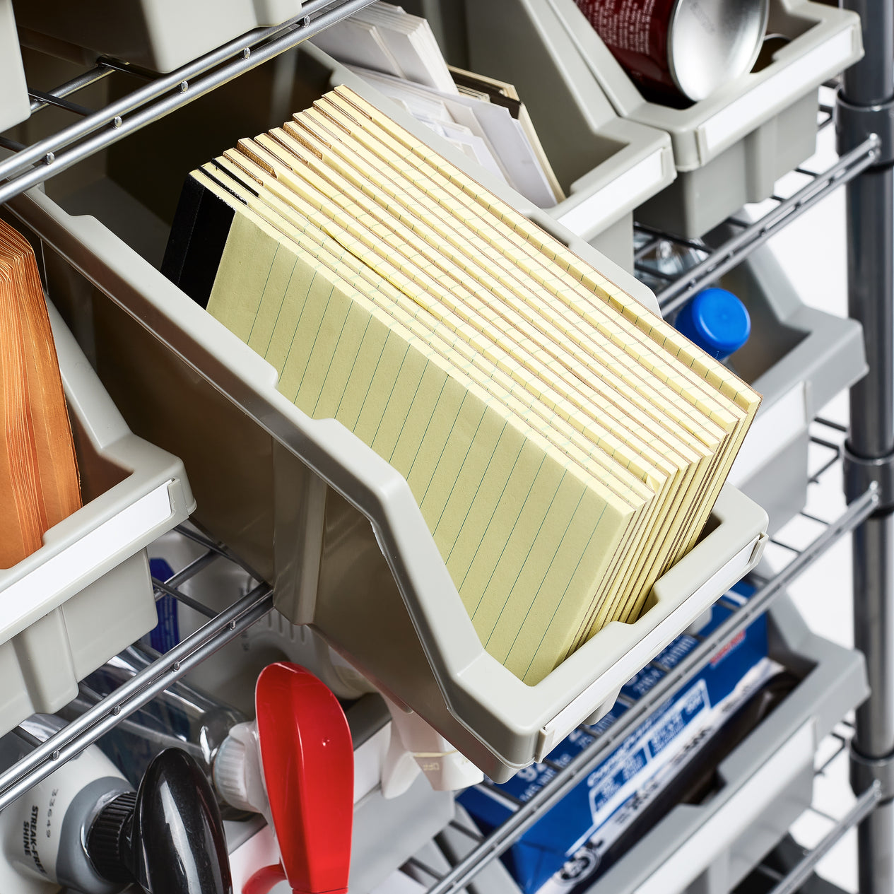 Office supplies in bins