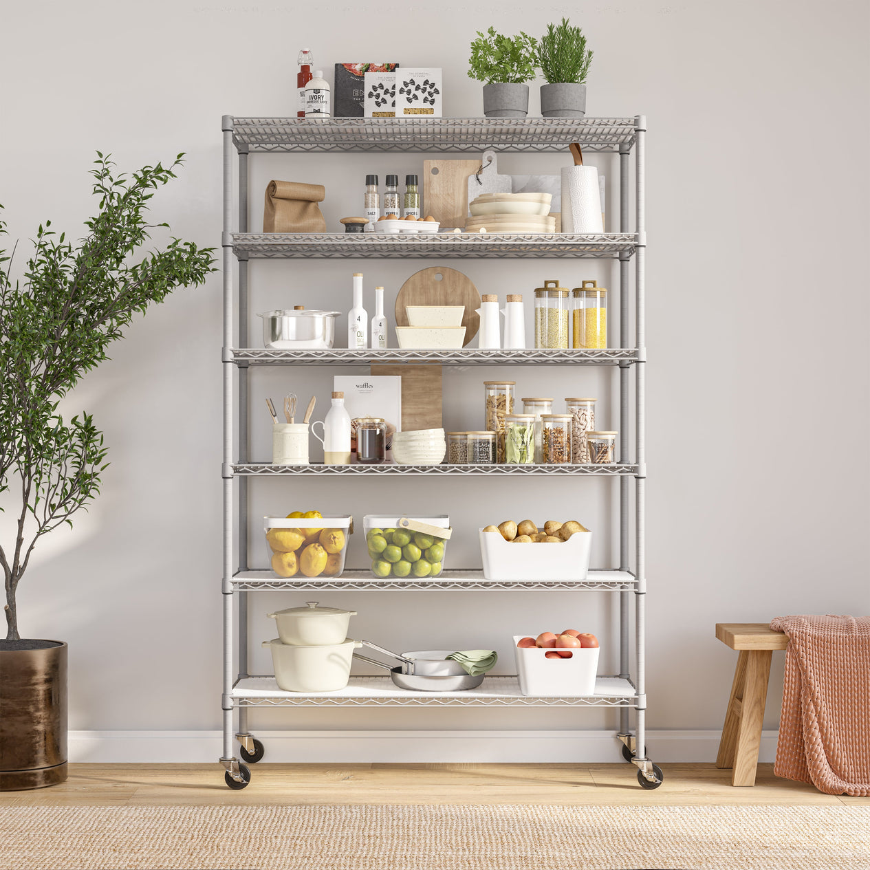 Granite shelf propped with kitchenware