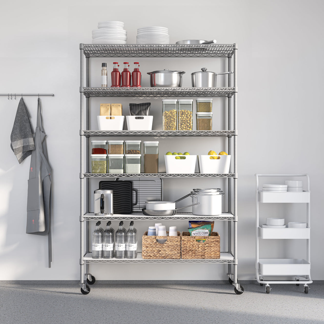 Granite shelf propped with kitchenware