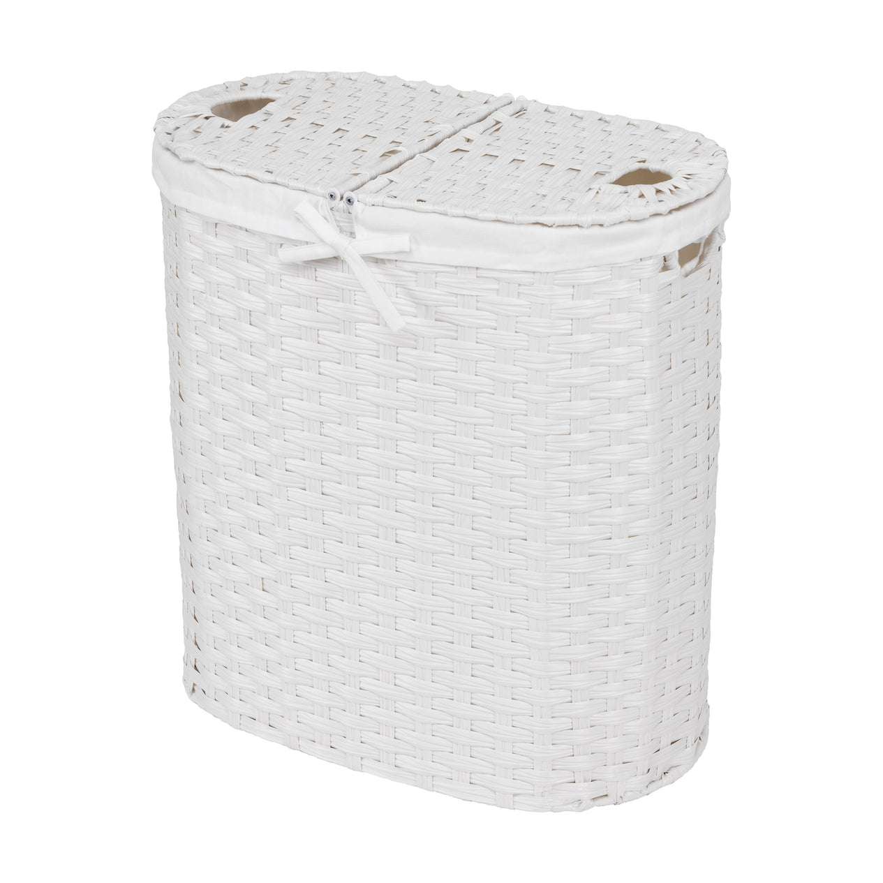 Handwoven Lidded Oval Double Laundry Hamper, White