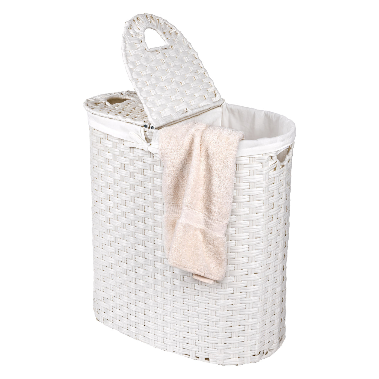 Handwoven Lidded Oval Double Laundry Hamper, White