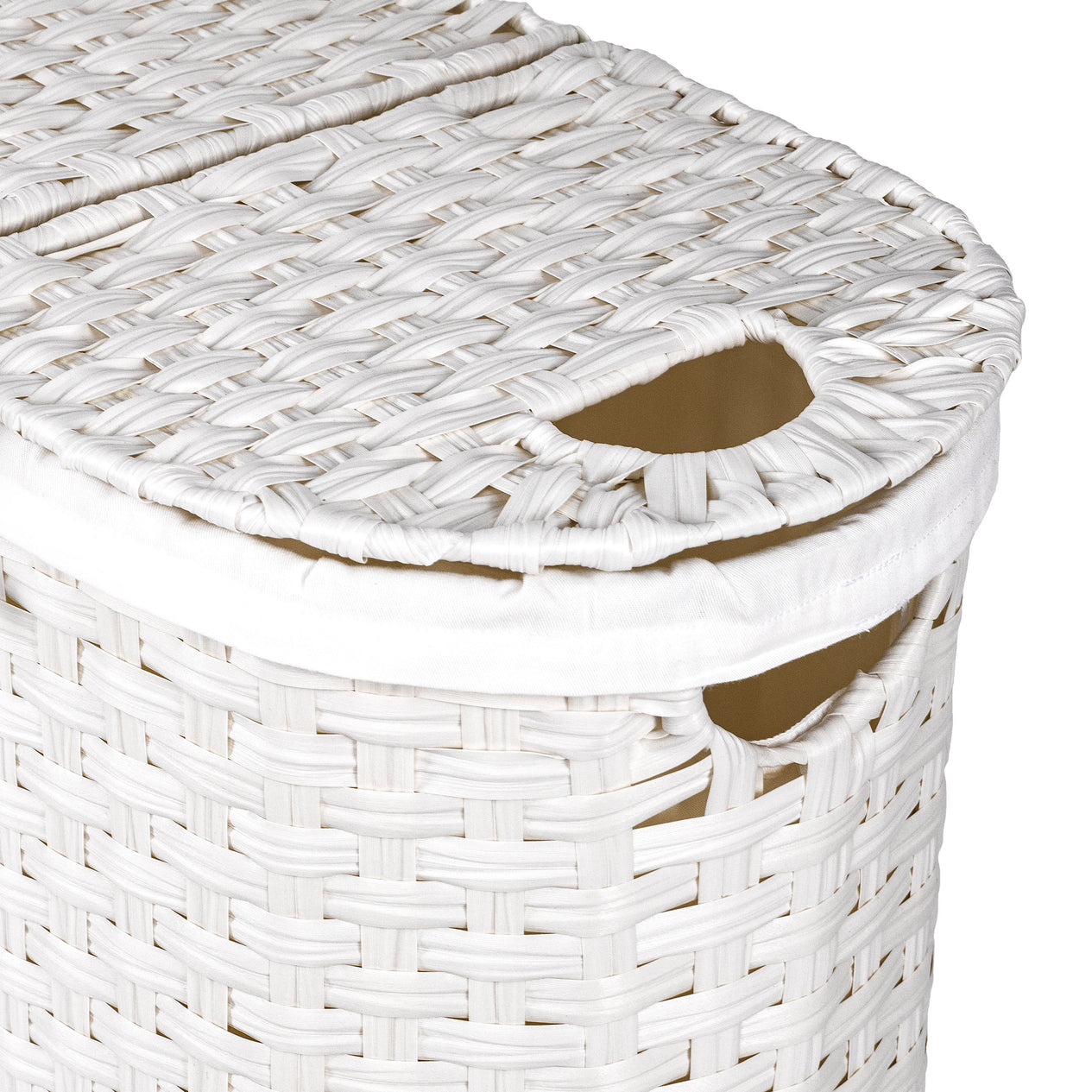 Handwoven Lidded Oval Double Laundry Hamper, White