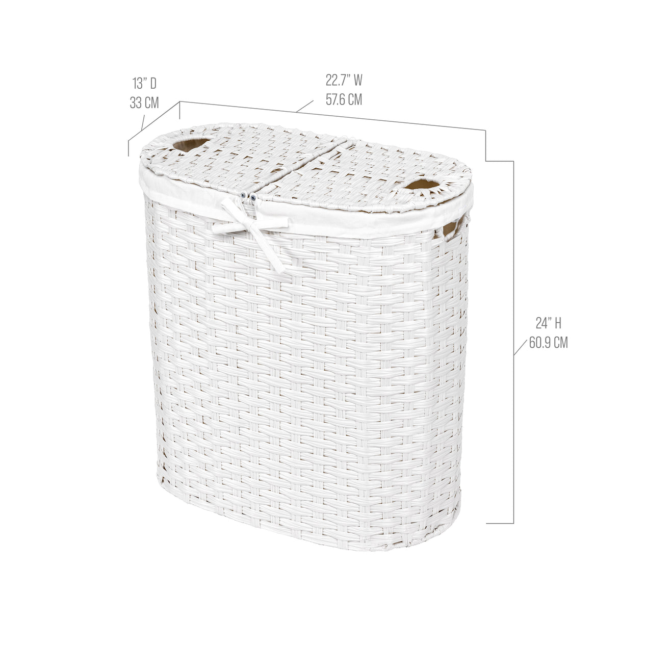 Handwoven Lidded Oval Double Laundry Hamper, White