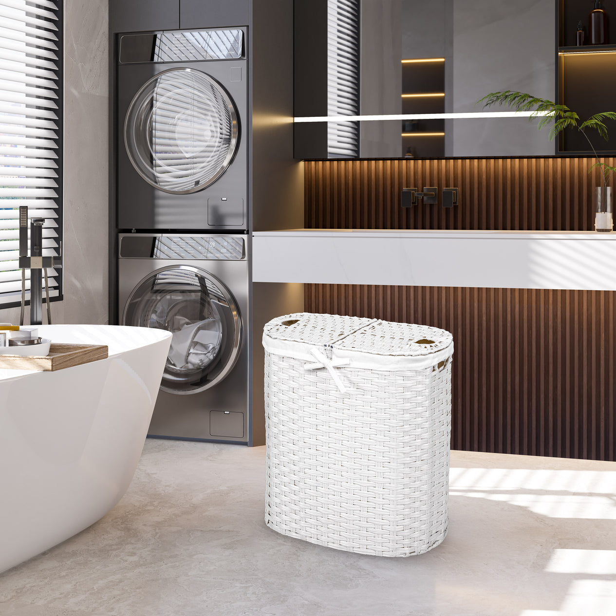 Handwoven Lidded Oval Double Laundry Hamper, White