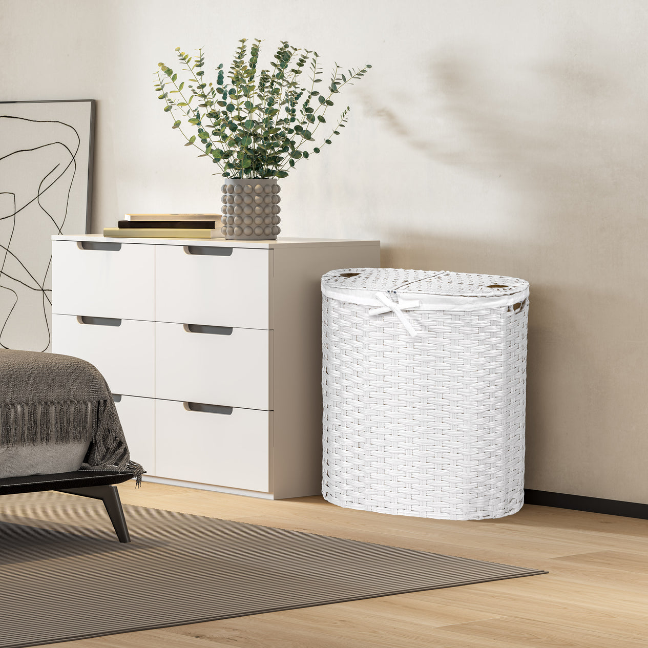 Handwoven Lidded Oval Double Laundry Hamper, White
