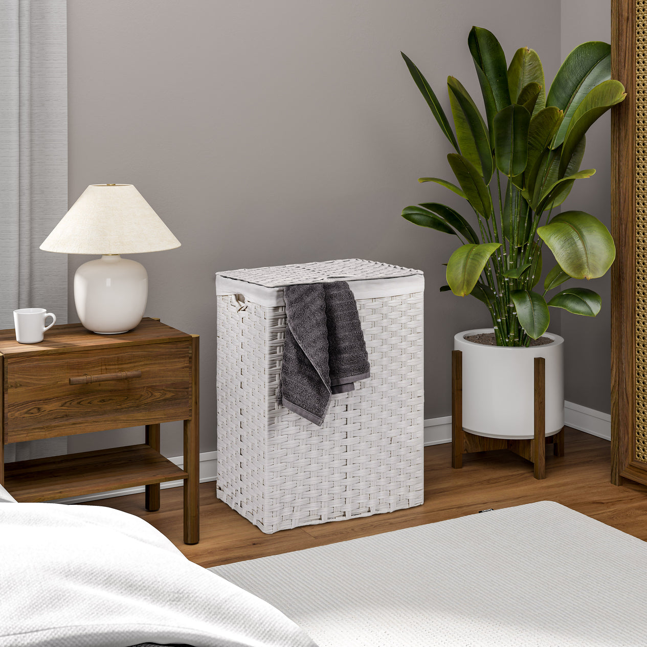 Handwoven Lidded Laundry Hamper, White