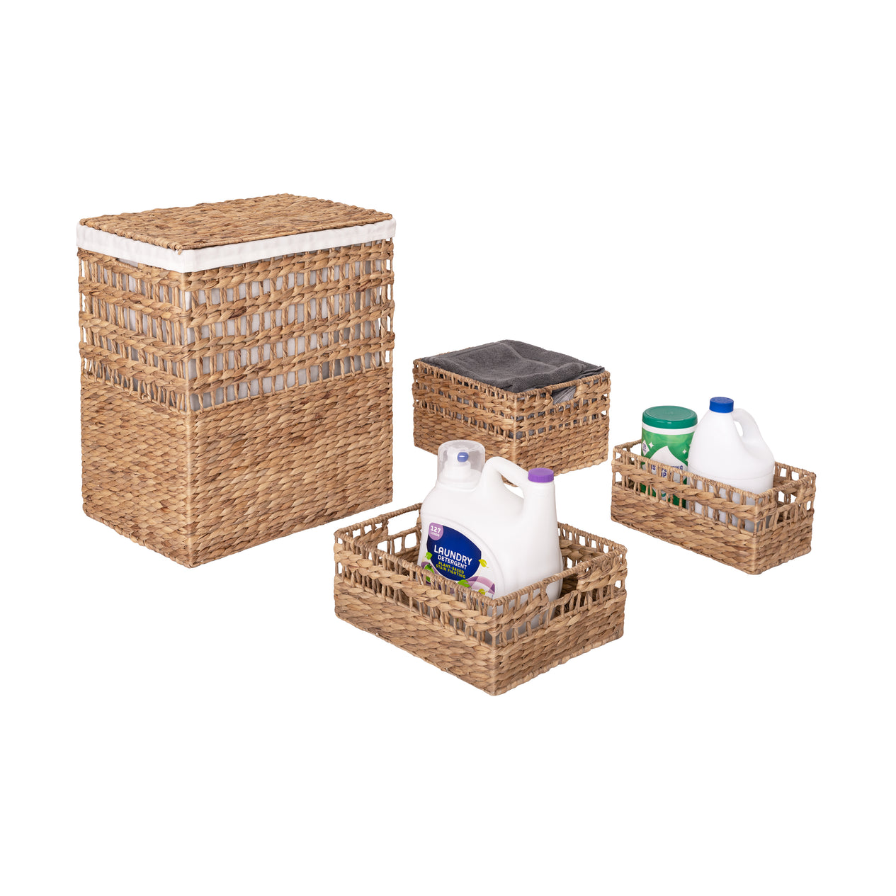 4-Piece Natural Water Hyacinth Handwoven Laundry Hamper and Basket Set