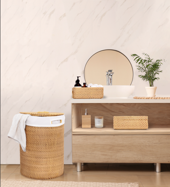 Laundry Hamper Basket Set propped in bathroom