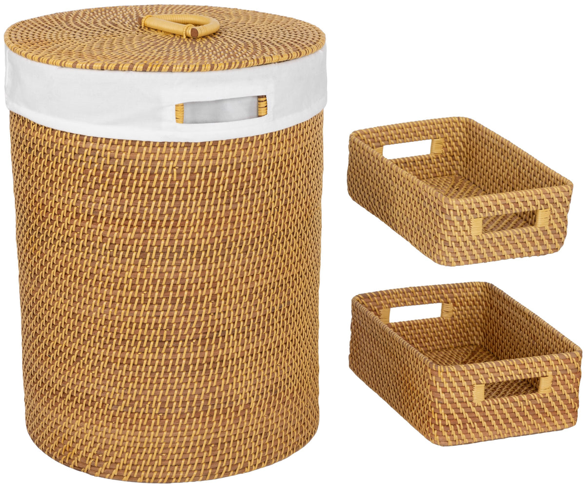 3Piece Handwoven Rattan Lidded Laundry Hamper Basket Set Seville Classics