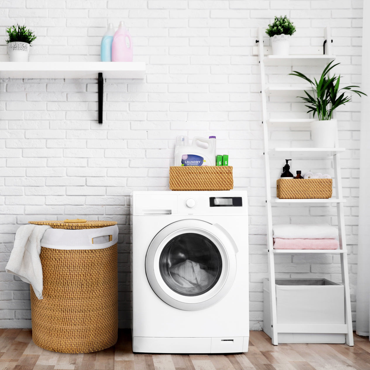 Laundry Hamper Basket Set propped in laundry room