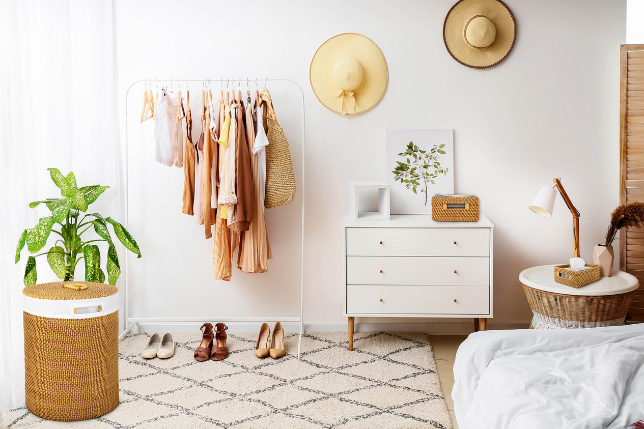 Laundry Hamper Basket Set propped in bedroom