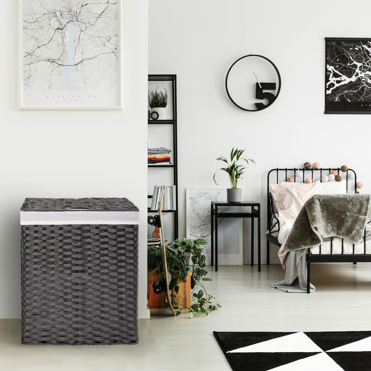 Handwoven Lidded Laundry Hamper, Black