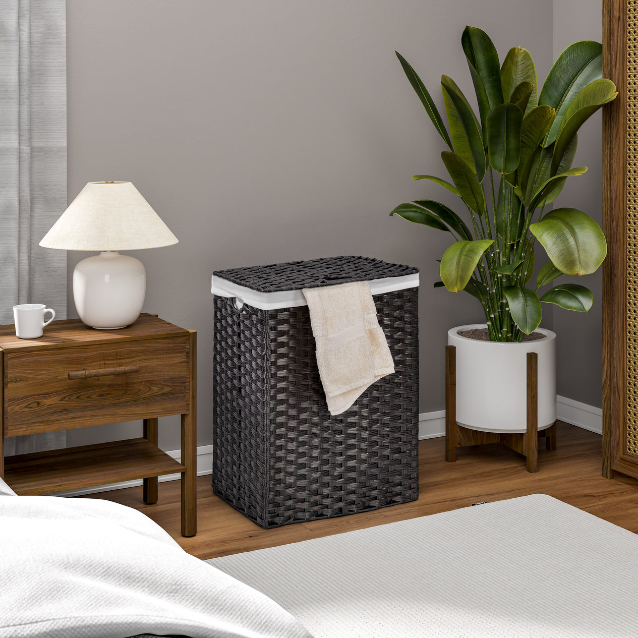 Handwoven Lidded Laundry Hamper, Black