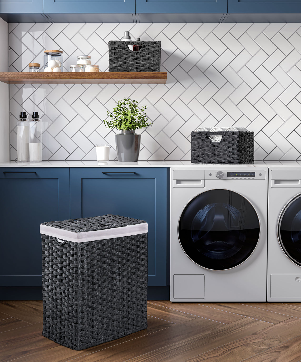 Handwoven Lidded Laundry Hamper, Black