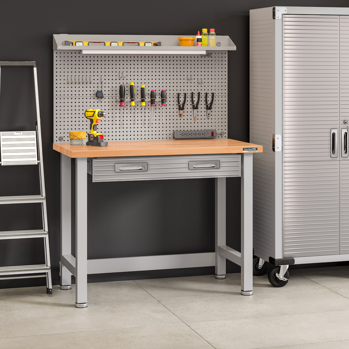 UltraHD® Lighted Workcenter w/ Wood Top and Pegboard, Granite