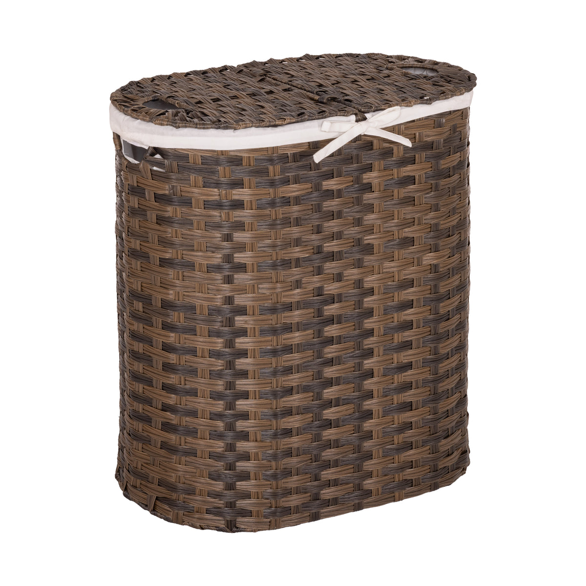 Handwoven Lidded Oval Double Laundry Hamper, Mocha Brown