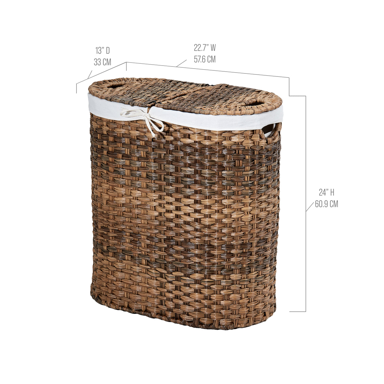 Handwoven Lidded Oval Double Laundry Hamper, Mocha Brown