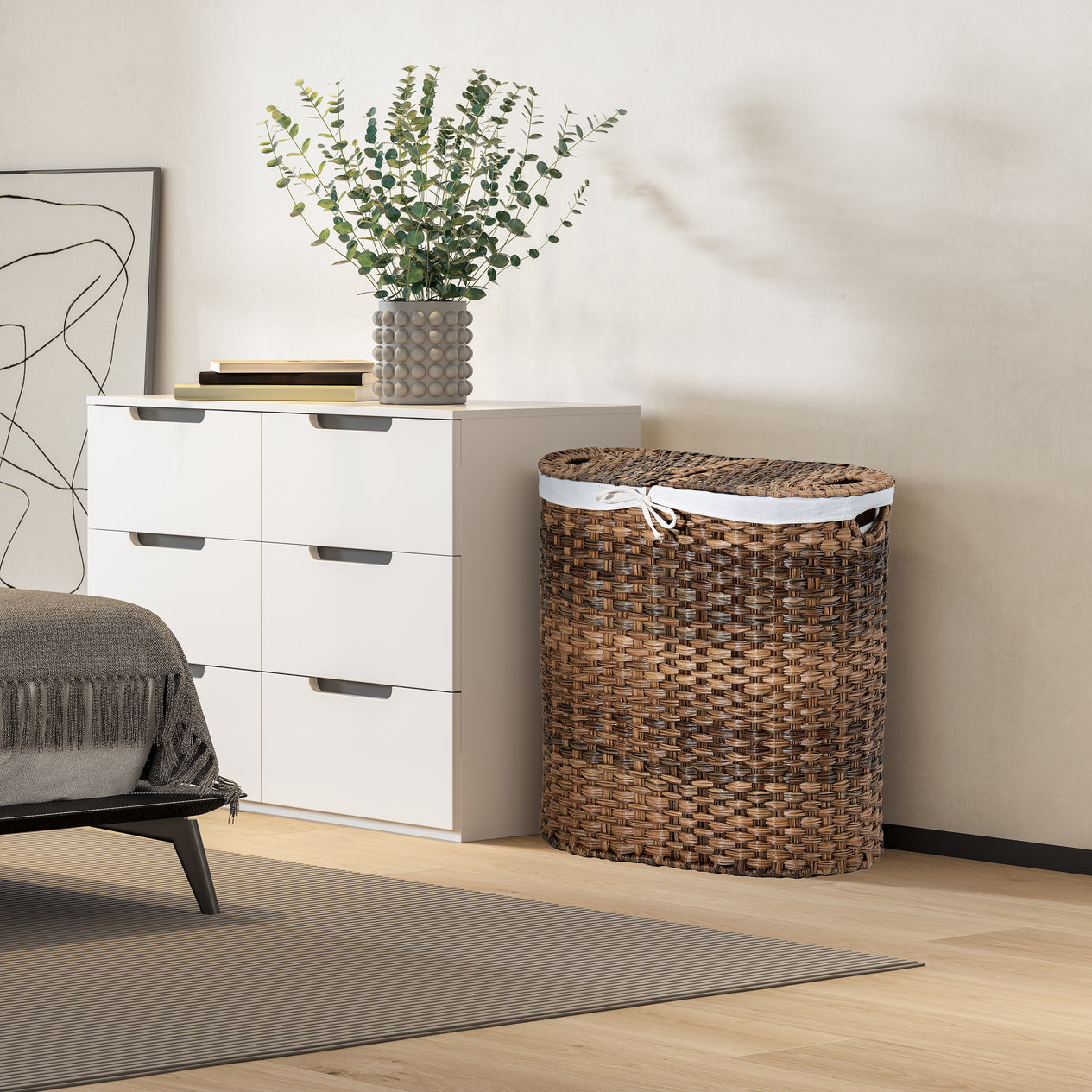 Handwoven Lidded Oval Double Laundry Hamper, Mocha Brown