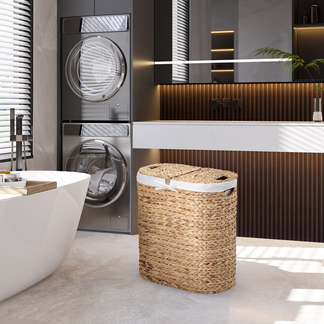 Natural Water Hyacinth Handwoven Lidded Oval Double Laundry Hamper