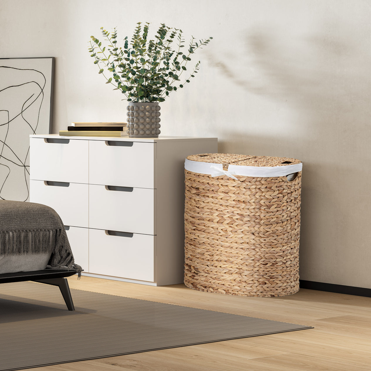 Natural Water Hyacinth Handwoven Lidded Oval Double Laundry Hamper