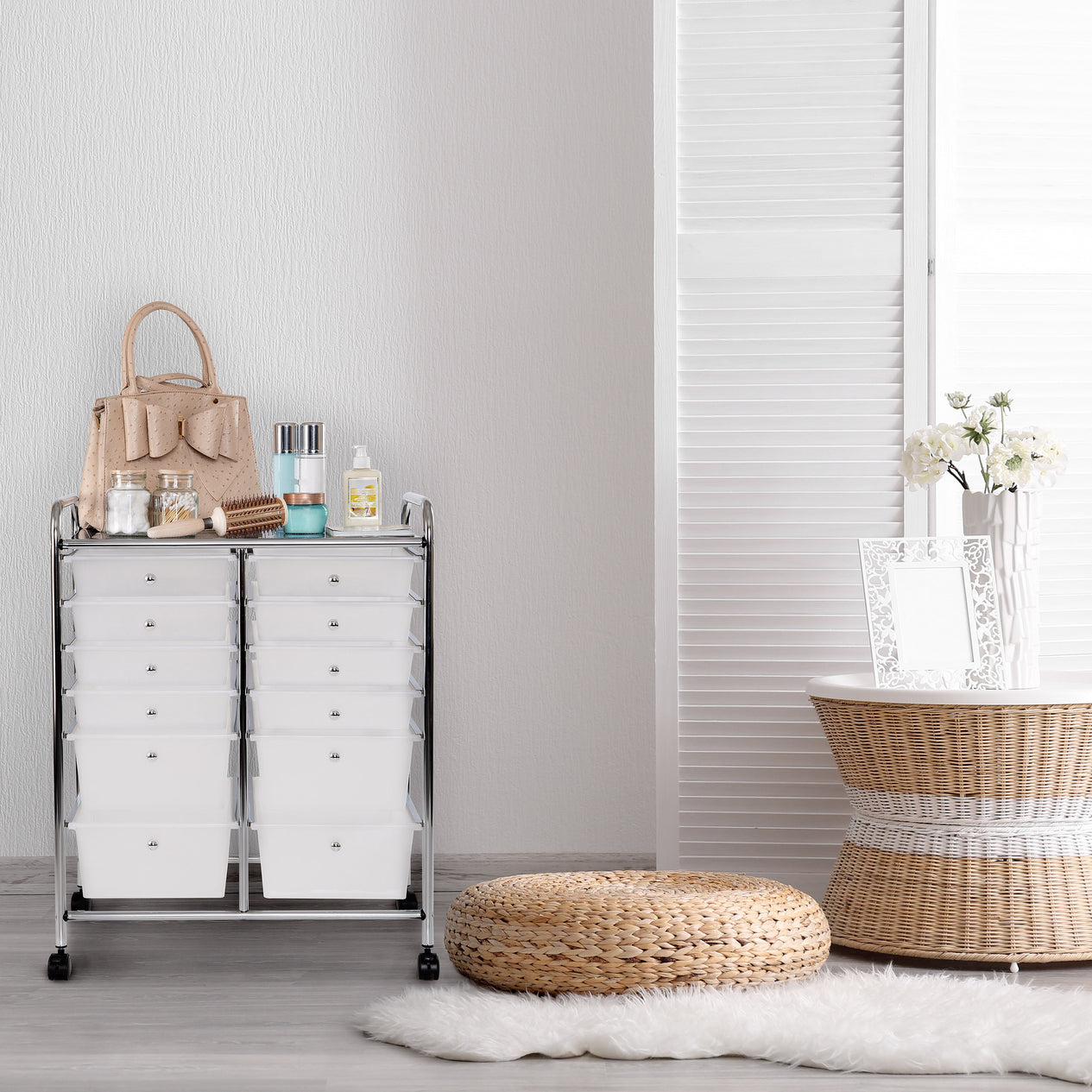 White 12-Drawer Organizer propped as vanity