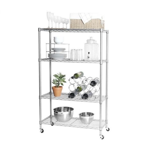 Angled silver shelf propped with kitchenware
