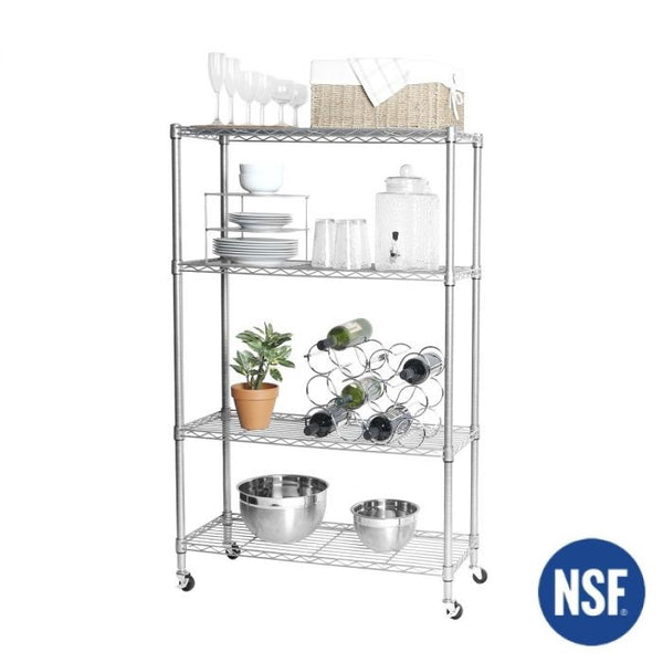 Silver shelf propped with kitchenware and NSF logo