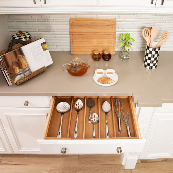 Propped Expanded Bamboo Utensil Organizer in kitchen drawer