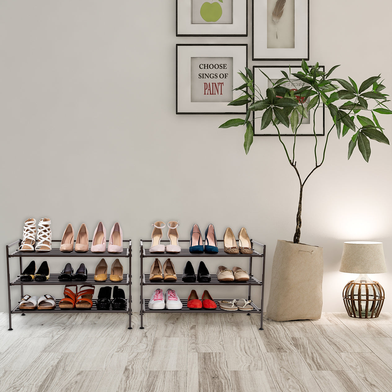 2 espresso shoe racks side by side in entryway