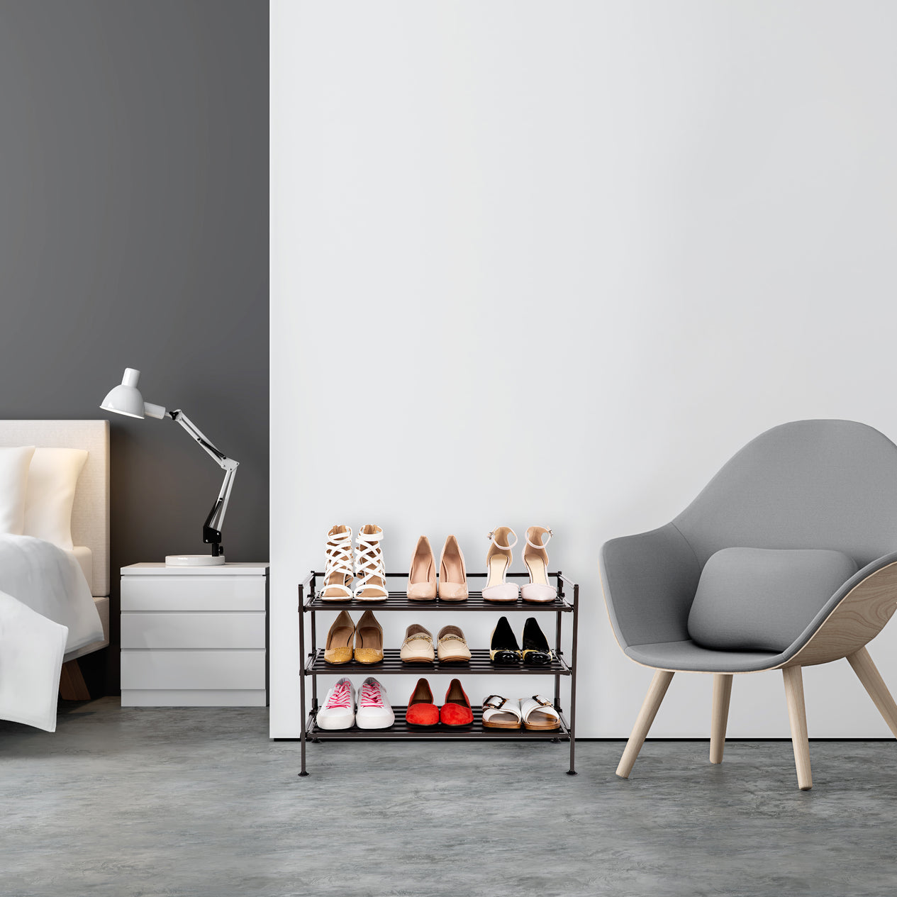 Espresso shoe rack in bedroom