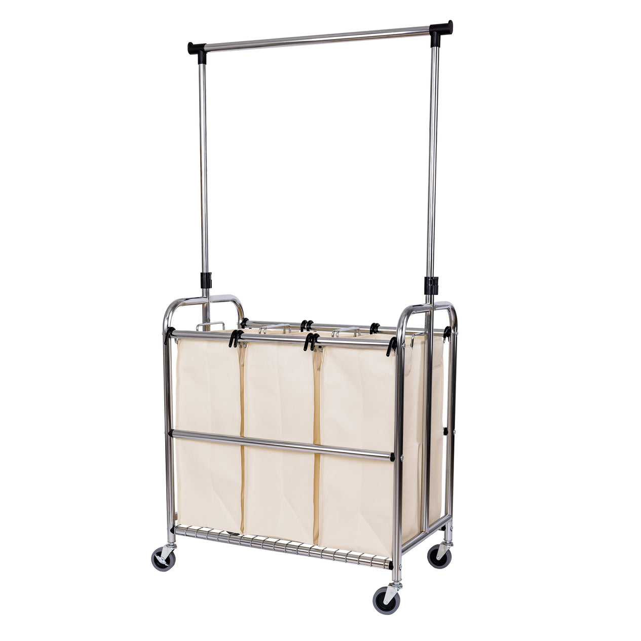 Rolling 3-Bag Steel Laundry Sorter w/ Hanging Bar