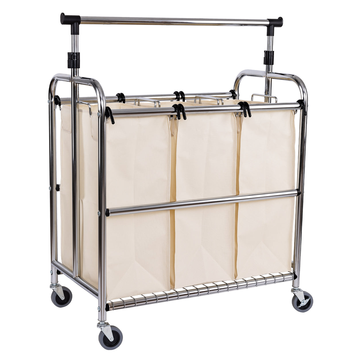 Rolling 3-Bag Steel Laundry Sorter w/ Hanging Bar