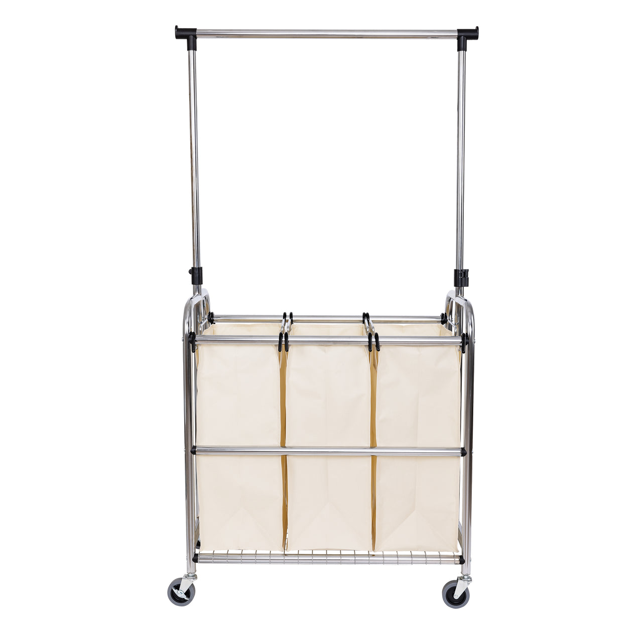 Rolling 3-Bag Steel Laundry Sorter w/ Hanging Bar