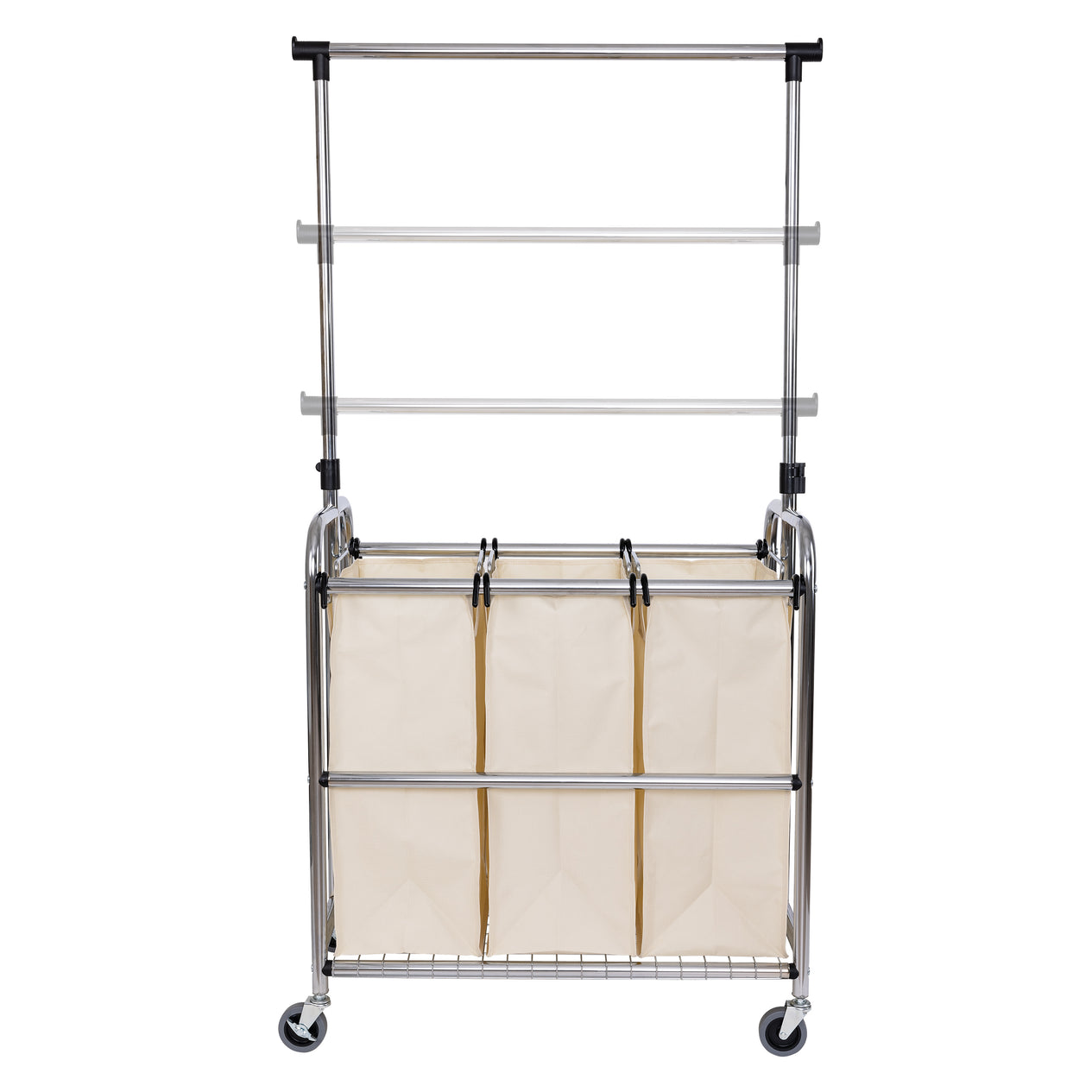 Rolling 3-Bag Steel Laundry Sorter w/ Hanging Bar