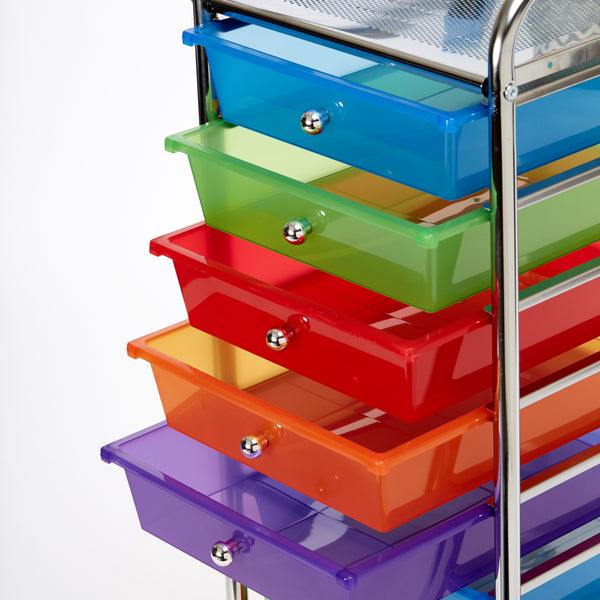 Close up of multi-color drawers opened